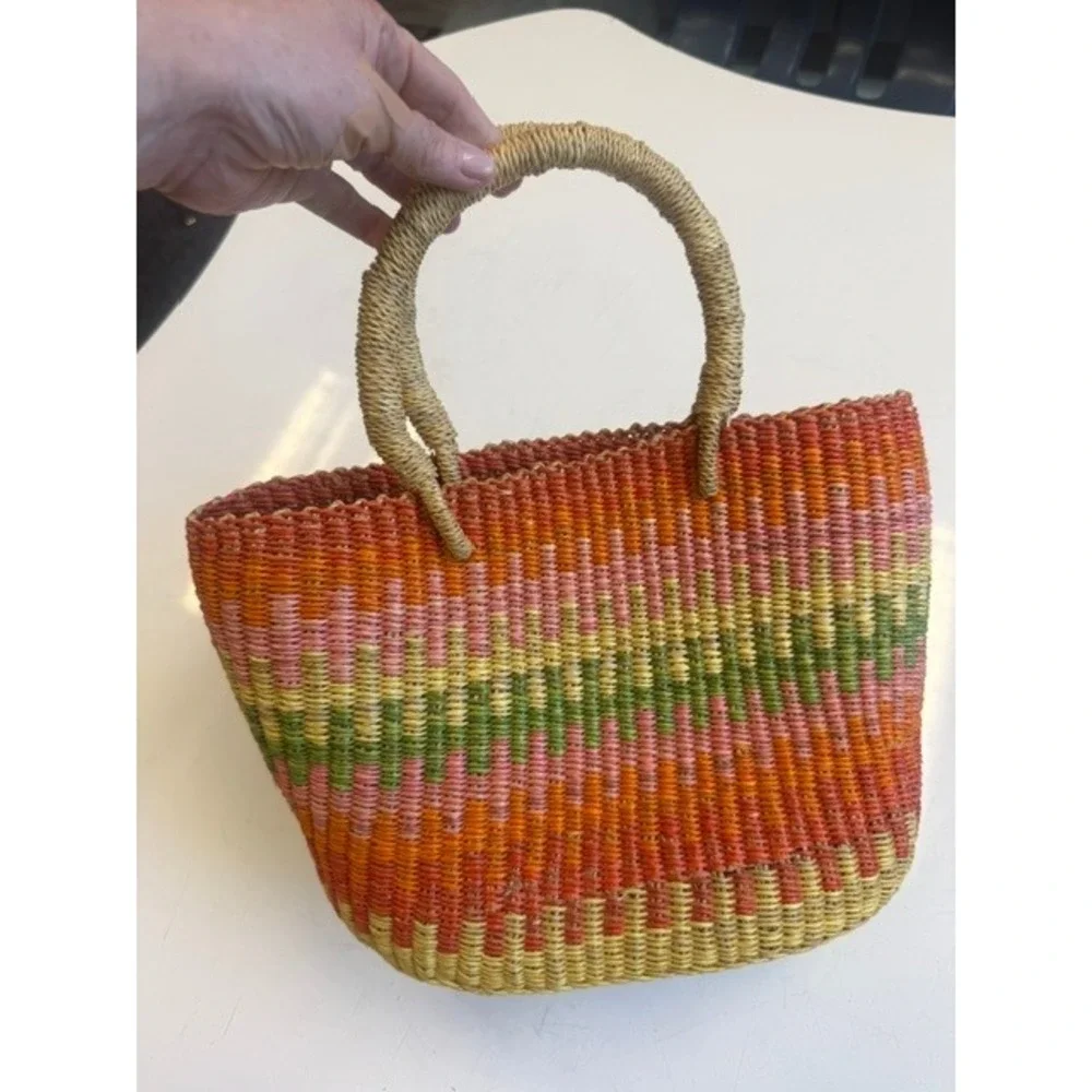 Vintage Bolga Basket Bag Multicolor Woven Tote Raffia Tassel Ghana 1970s Boho